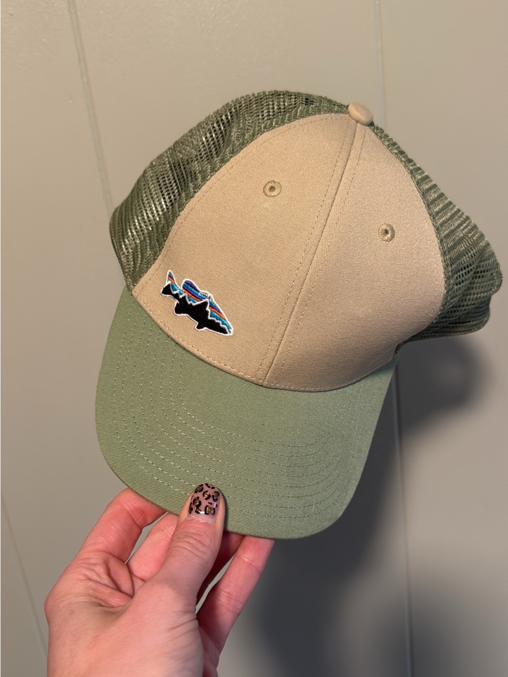 Patagonia Trucker Hat with Fish Patch - Tan & Olive Green